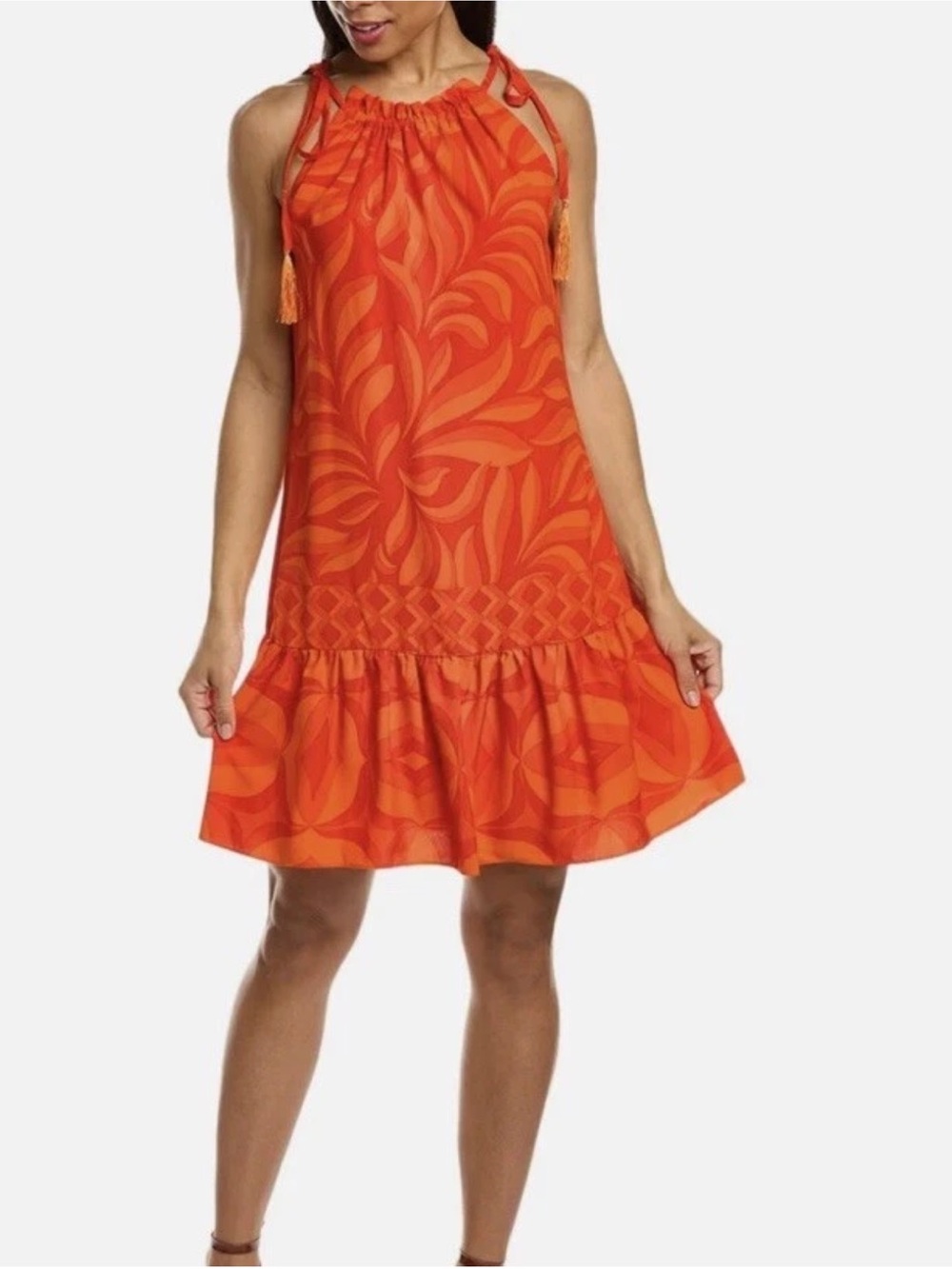 TAYLOR Printed Shift Tassel Halter Dress Orange Sz L